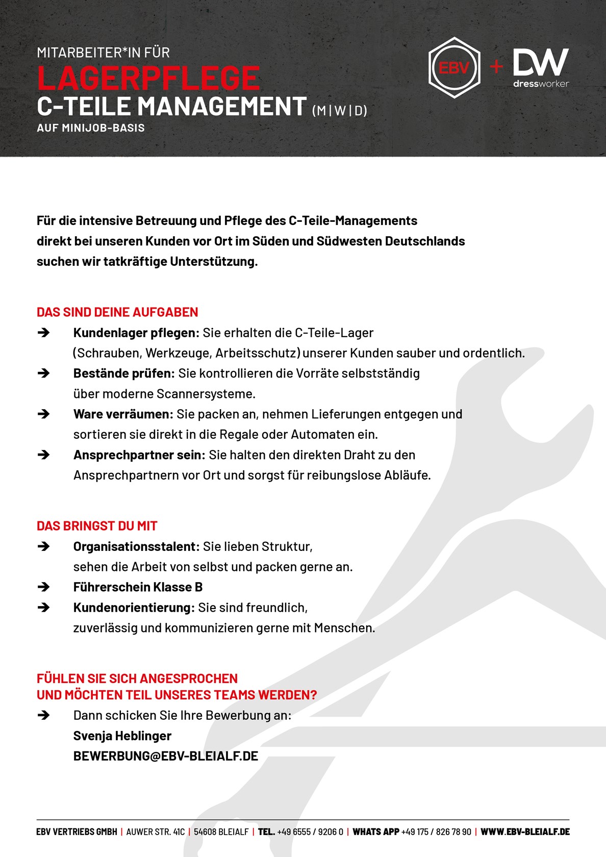 Stellenanzeige Mitarbeiter*in für Lagerpflege C-Teile Management (m/w/d) auf Minijob-Basis